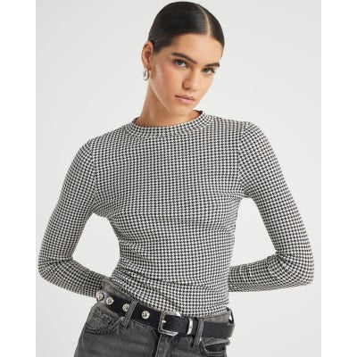 Black Long Sleeve Dogtooth Print Top