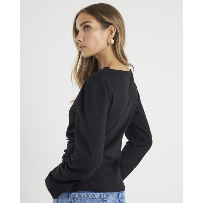 Black Long Sleeve Drape Side Top