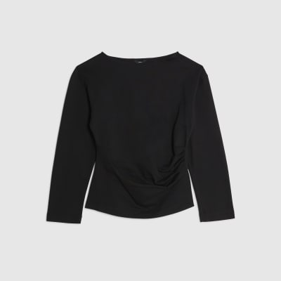 Black Long Sleeve Drape Side Top