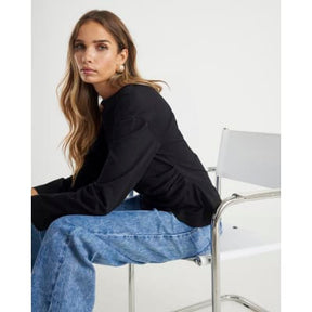 Black Long Sleeve Drape Side Top