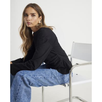 Black Long Sleeve Drape Side Top