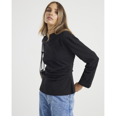 Black Long Sleeve Drape Side Top