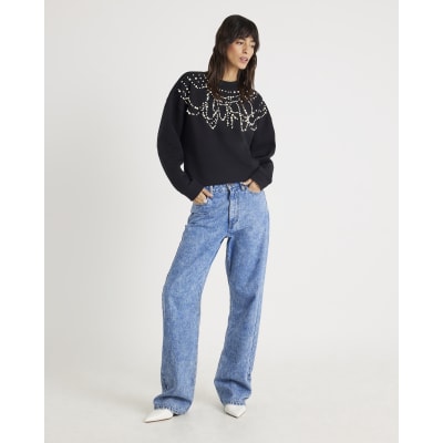 Black Long Sleeve Embellished Sweatshirt