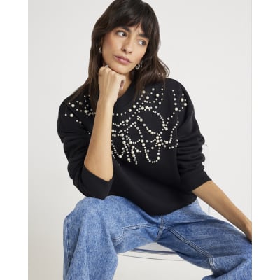 Black Long Sleeve Embellished Sweatshirt