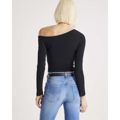 Black Long Sleeve Gold Detail Asymmetric Top