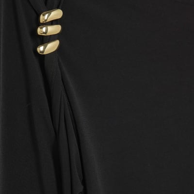 Black Long Sleeve Gold Detail Asymmetric Top