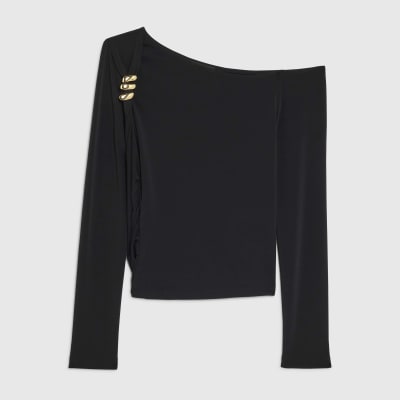 Black Long Sleeve Gold Detail Asymmetric Top