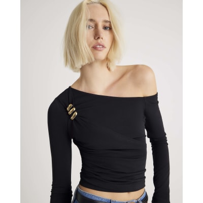 Black Long Sleeve Gold Detail Asymmetric Top