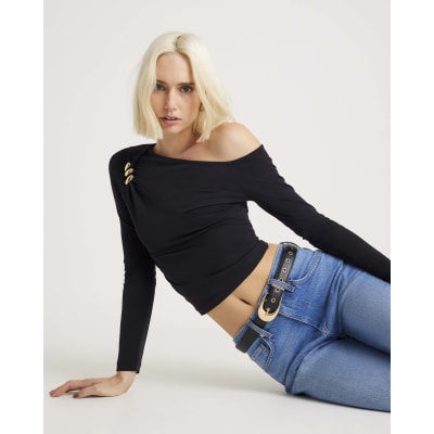 Black Long Sleeve Gold Detail Asymmetric Top