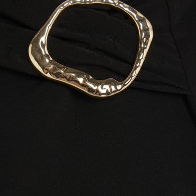 Black Long Sleeve Gold Trim Drape Top