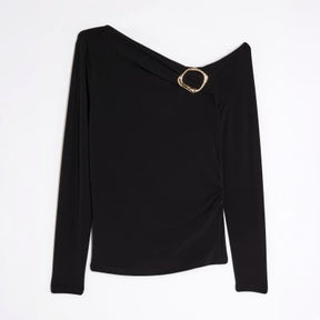 Black Long Sleeve Gold Trim Drape Top