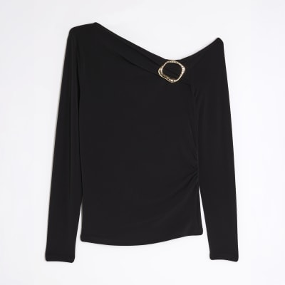 Black Long Sleeve Gold Trim Drape Top