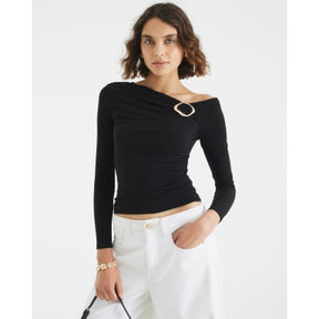 Black Long Sleeve Gold Trim Drape Top