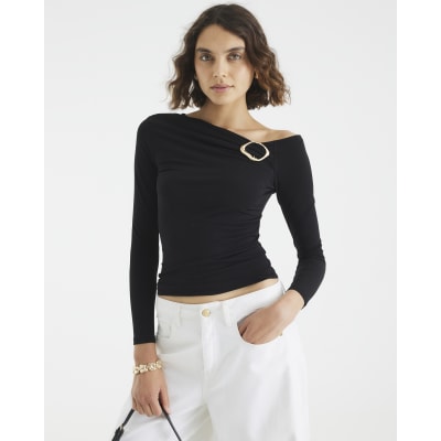 Black Long Sleeve Gold Trim Drape Top