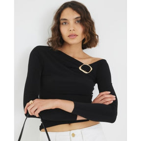 Black Long Sleeve Gold Trim Drape Top