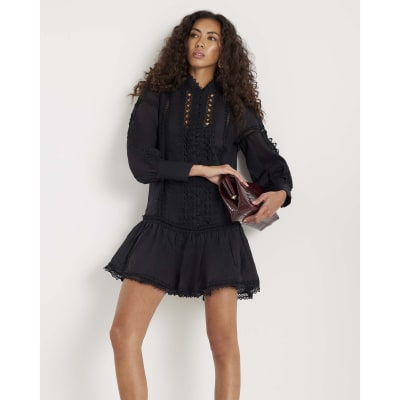 Black Long Sleeve Lace Cut Out Mini Dress