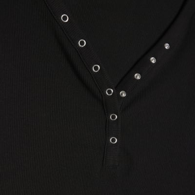 Black Long Sleeve Popper Ribbed Top