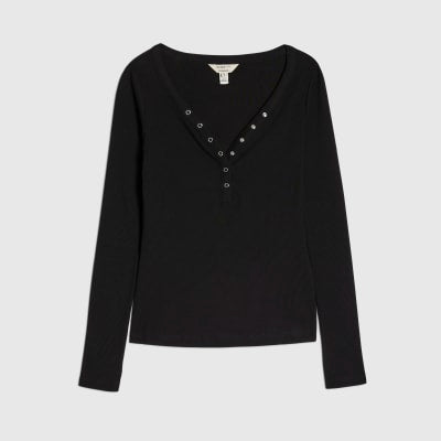 Black Long Sleeve Popper Ribbed Top