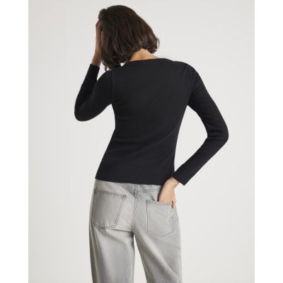 Black Long Sleeve Popper Through Ribbed Top