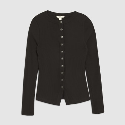 Black Long Sleeve Popper Through Ribbed Top