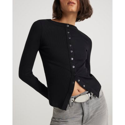 Black Long Sleeve Popper Through Ribbed Top