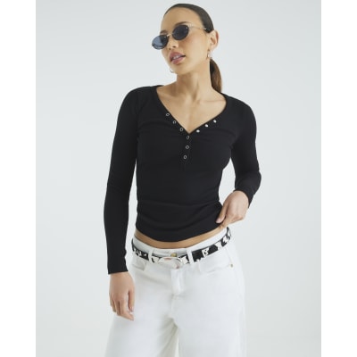 Black Long Sleeve Popper V Neck Ribbed Top