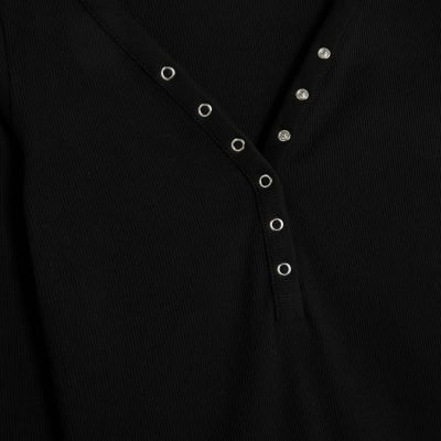 Black Long Sleeve Popper V Neck Ribbed Top