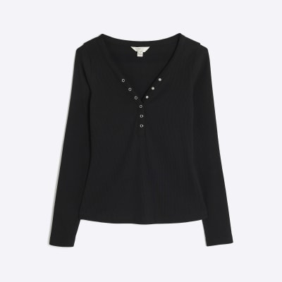 Black Long Sleeve Popper V Neck Ribbed Top