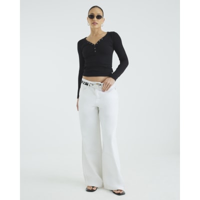 Black Long Sleeve Popper V Neck Ribbed Top