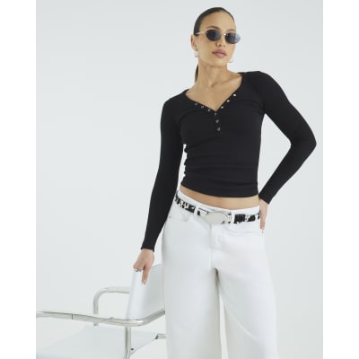 Black Long Sleeve Popper V Neck Ribbed Top
