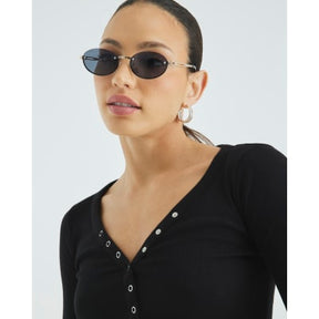 Black Long Sleeve Popper V Neck Ribbed Top