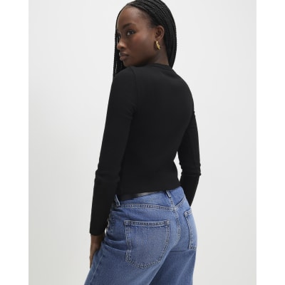 Black Long Sleeve Ribbed Button Up Top