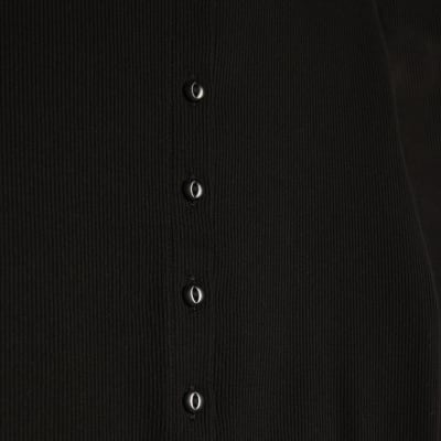 Black Long Sleeve Ribbed Button Up Top