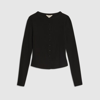 Black Long Sleeve Ribbed Button Up Top