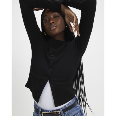 Black Long Sleeve Ribbed Button Up Top