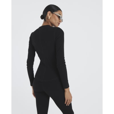 Black Long Sleeve Ribbed Crew Neck Top