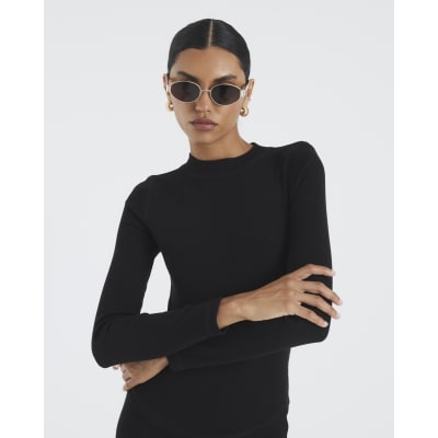 Black Long Sleeve Ribbed Crew Neck Top