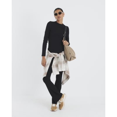Black Long Sleeve Ribbed Crew Neck Top