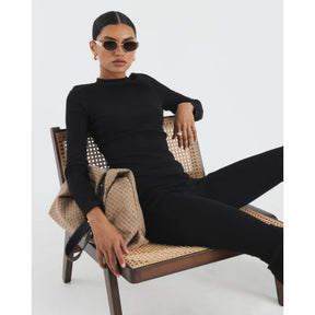 Black Long Sleeve Ribbed Crew Neck Top