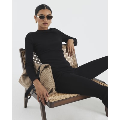 Black Long Sleeve Ribbed Crew Neck Top