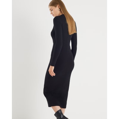 Black Long Sleeve Ribbed Midi Dress