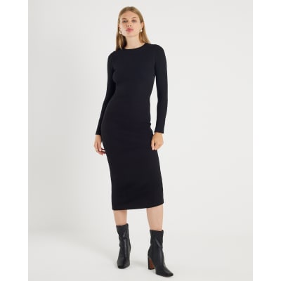 Black Long Sleeve Ribbed Midi Dress