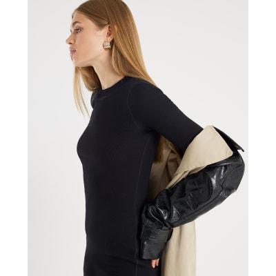 Black Long Sleeve Ribbed Midi Dress