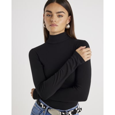 Black Long Sleeve Roll Neck Top
