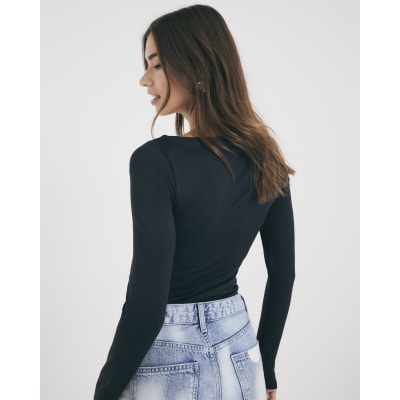 Black Long Sleeve Ruched Drape Top
