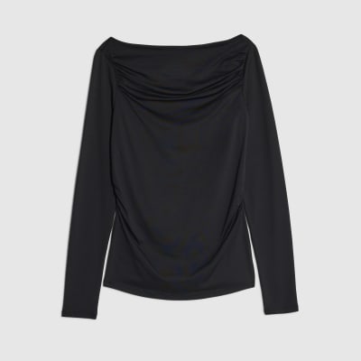 Black Long Sleeve Ruched Drape Top