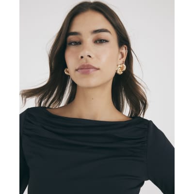 Black Long Sleeve Ruched Drape Top
