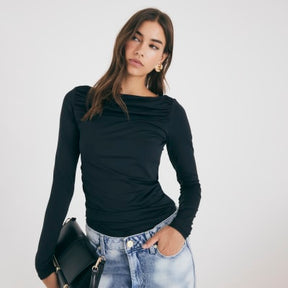 Black Long Sleeve Ruched Drape Top