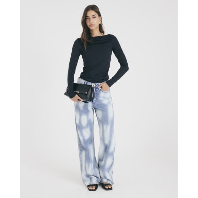 Black Long Sleeve Ruched Drape Top