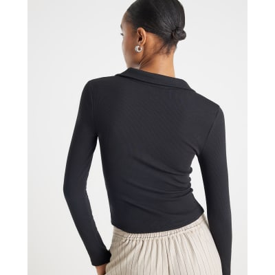Black Long Sleeve Ruched Ribbed Polo Top